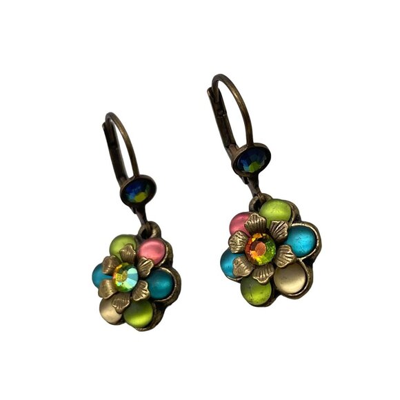 Michal Negrin Multicolor Enamel Crystal Flower Dangle Drop Earrings Brass Tone - Picture 3 of 5